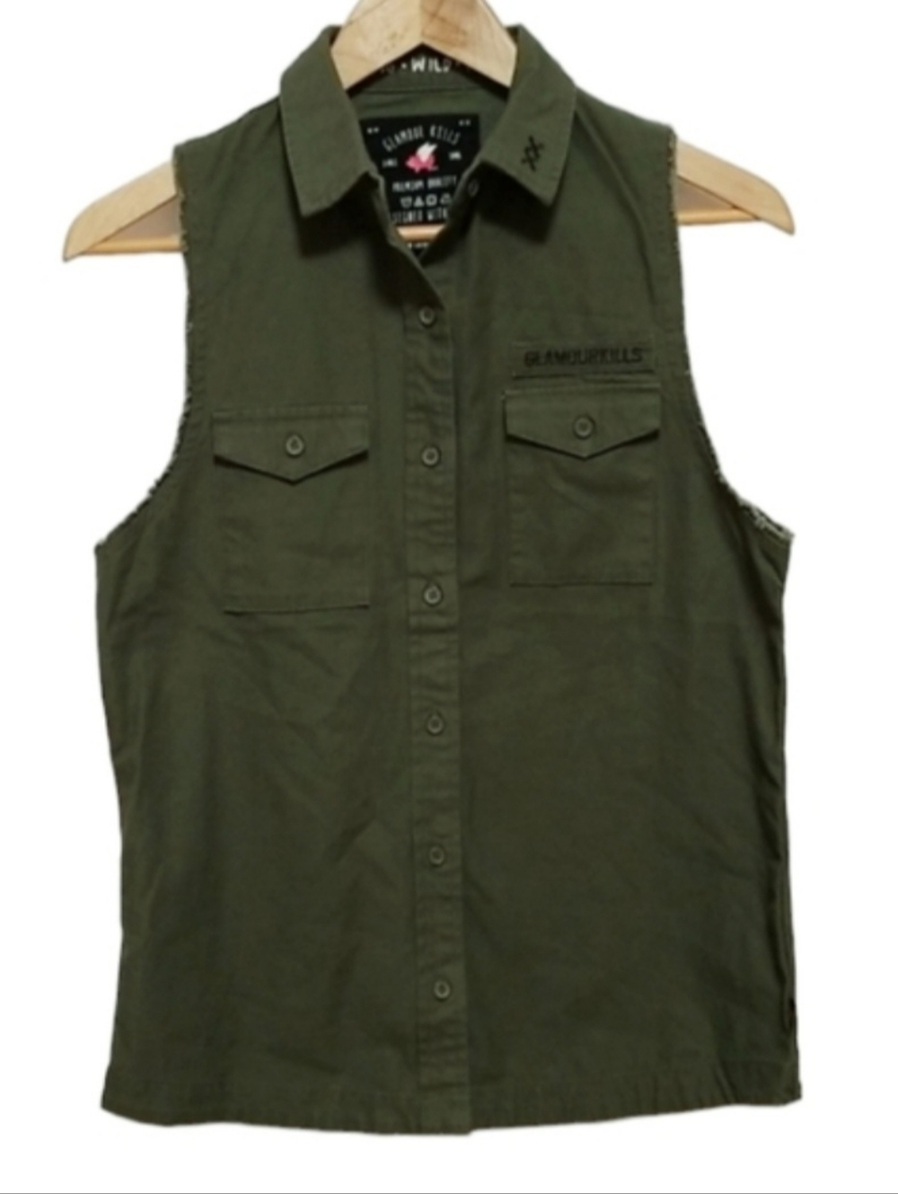 NEW Glamour Kills Olive Green Button Up Utility Style Sleeveless Top NWOT